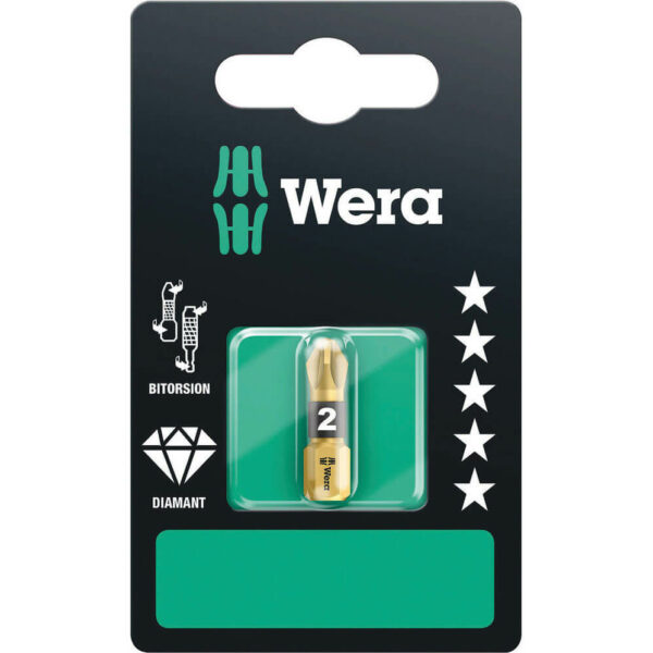 Wera BiTorsion Diamond Pozi Screwdriver Bits PZ2 25mm Pack of 1