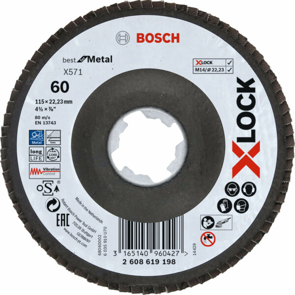 Bosch X Lock Zirconium Abrasive Flap Disc 115mm 60g Pack of 1