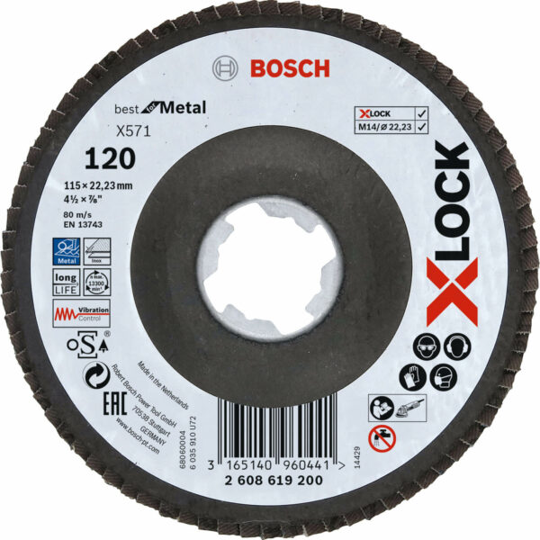 Bosch X Lock Zirconium Abrasive Flap Disc 115mm 120g Pack of 1
