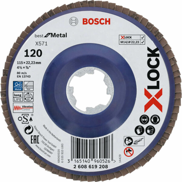 Bosch X Lock Zirconium Abrasive Straight Flap Disc 115mm 120g Pack of 1