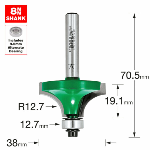 Trend CRAFTPRO Round Over and Ovolo Router Cutter 38mm 19.1mm 8mm