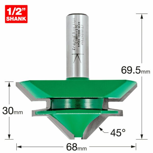 Trend CRAFTPRO Mitre Lock Joint Router Cutter 68mm 30mm 1/2"
