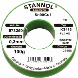 Stannol 573252 Solder Wire Sn99Cu1 KS115 3.0% 0.7mm 100g