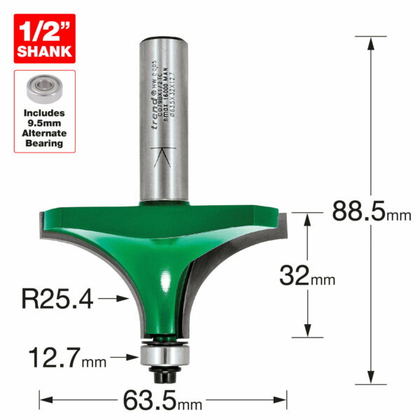 Trend CraftPro Bearing Guided Round Over and Ovolo Router Cutter 63.5mm 32mm 1/2"