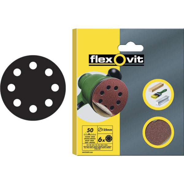 Flexovit 125mm Hook and Loop Sanding Discs 125mm 50g Pack of 6