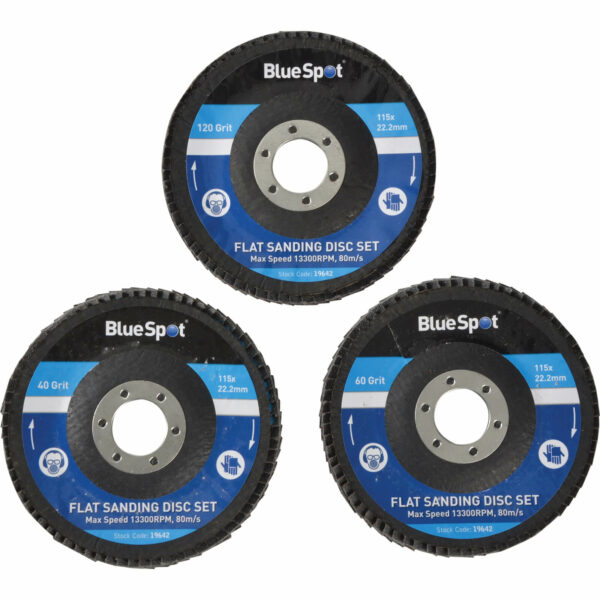 BlueSpot 3 Piece Flap Disc Set 115mm 115mm Assorted