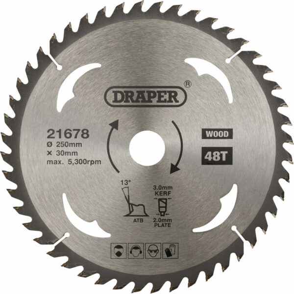 Draper TCT Wood Cutting Circular Saw Blade 250mm 48T 30mm