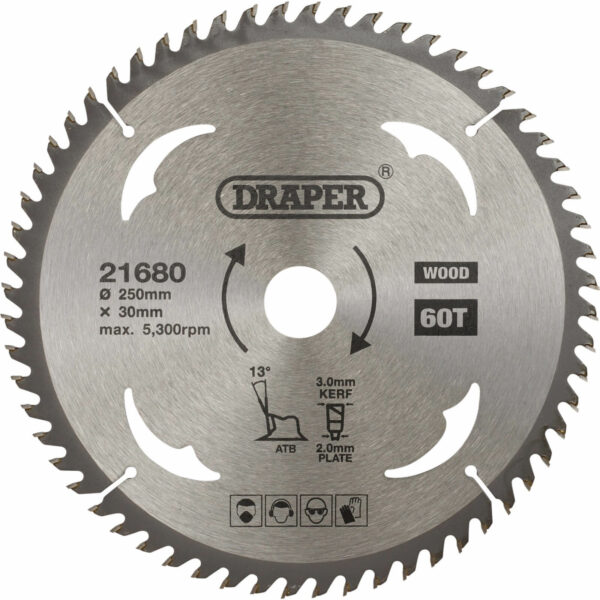Draper TCT Wood Cutting Circular Saw Blade 250mm 60T 30mm