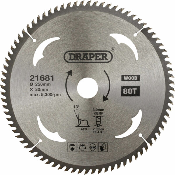 Draper TCT Wood Cutting Circular Saw Blade 250mm 80T 30mm