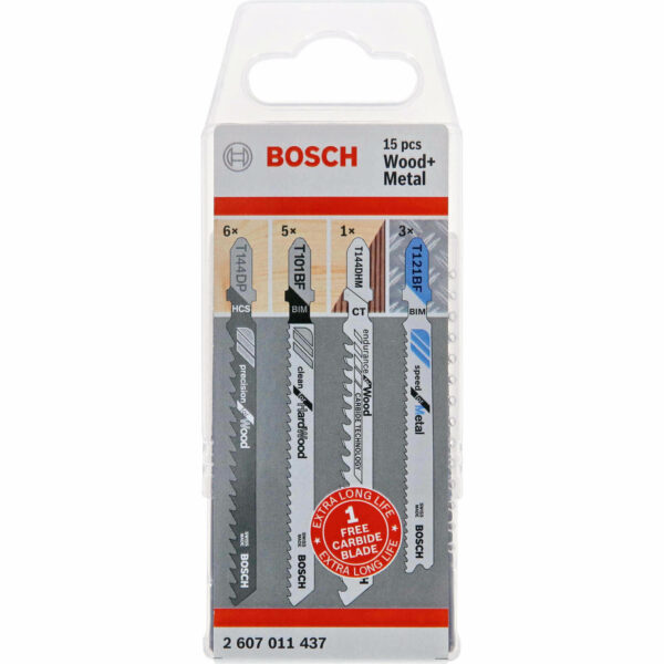 Bosch 15 Piece Assorted Wood and Metal Jigsaw Blade Set + FOC Carbide Blade