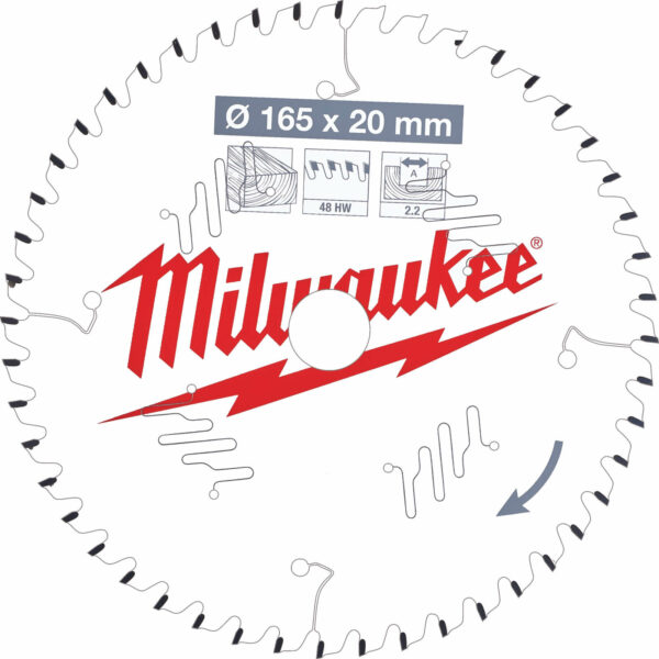 Milwaukee Thin Kerf Wood Cutting Circular Saw Blade 165mm 48T 20mm