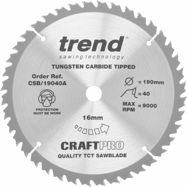Trend CRAFTPRO Wood Cutting Saw Blade 190mm 40T 16mm