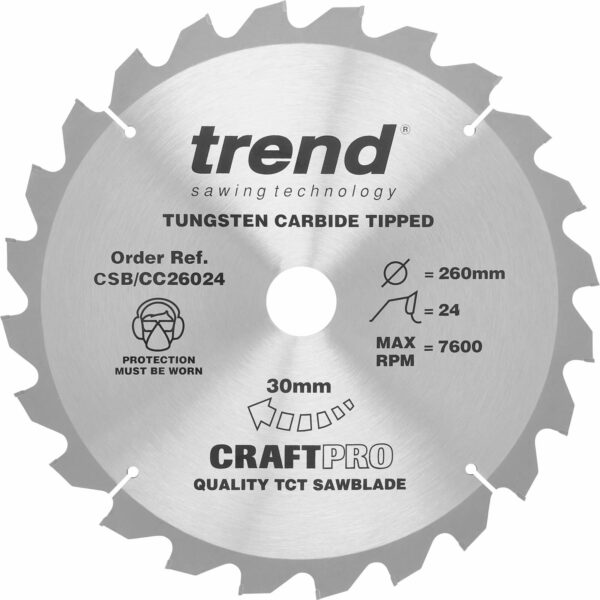 Trend CRAFTPRO Wood Cutting Mitre Saw Blade 260mm 24T 30mm