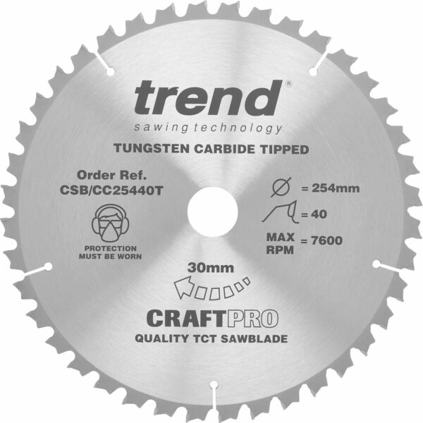Trend CRAFTPRO Wood Cutting Cordless Mitre Saw Blade 254mm 40T 30mm