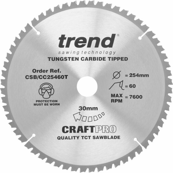 Trend CRAFTPRO Wood Cutting Cordless Mitre Saw Blade 254mm 60T 30mm