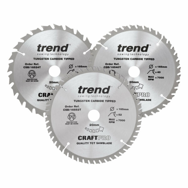 Trend CRAFTPRO 3 Piece 165mm Circular Saw Blade Set 165mm Assorted Teeth 20mm