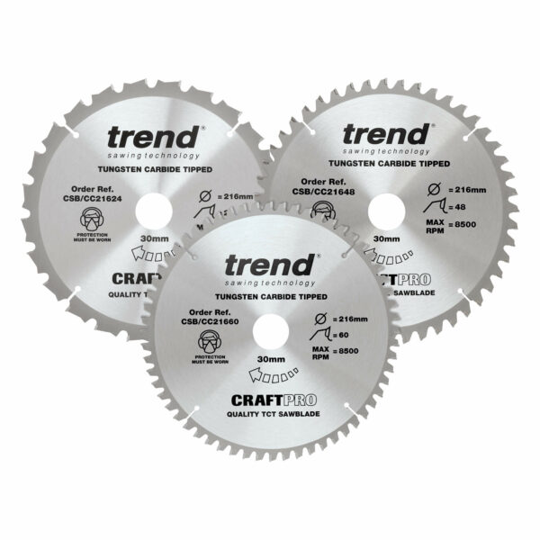 Trend CRAFTPRO 3 Piece 216mm Circular Saw Blade Set 216mm Assorted Teeth 30mm