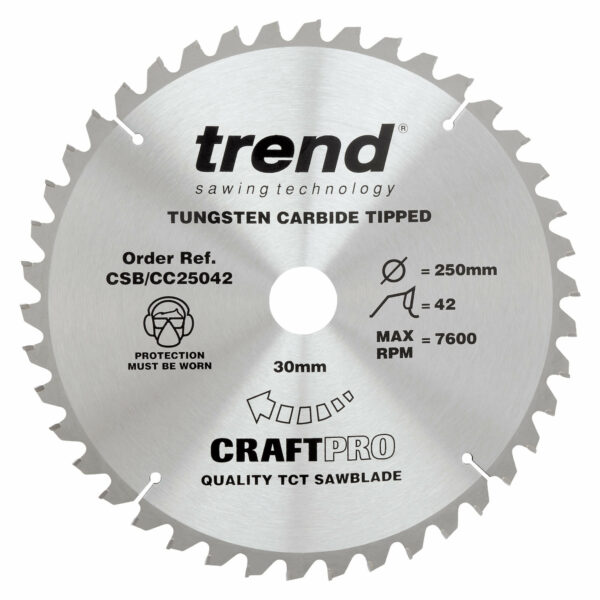 Trend CRAFTPRO Wood Cutting Mitre Saw Blade 250mm 42T 30mm