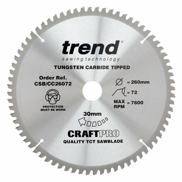 Trend CRAFTPRO Wood Cutting Mitre Saw Blade 260mm 72T 30mm