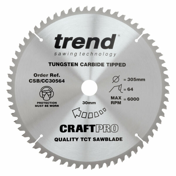 Trend CRAFTPRO Wood Cutting Mitre Saw Blade 305mm 64T 30mm