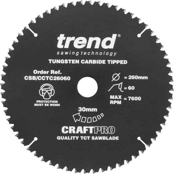 Trend CRAFTPRO Non Stick Wood Cutting Mitre Saw Blade 260mm 60T 30mm
