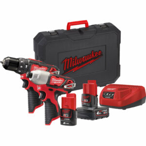 Milwaukee M12 BPP2B 12v Cordless Combi Drill and Impact Driver Kit 1 x 2ah & 1 x4ah Li-ion Charger Case
