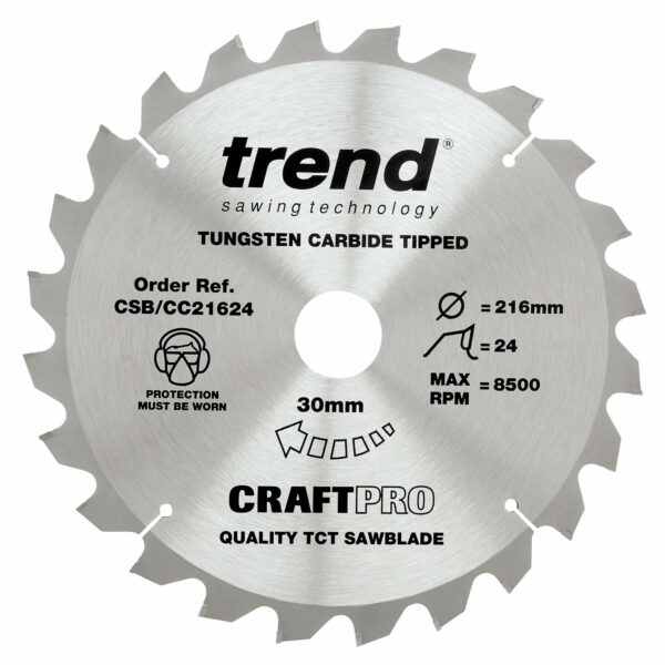 Trend CRAFTPRO Wood Cutting Mitre Saw Blade 216mm 24T 30mm