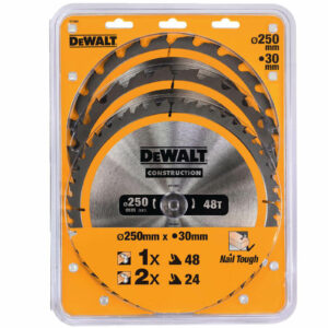 DeWalt 3 Piece 250mm Construction Circular Saw Blade Set 250mm Assorted Teeth 30mm