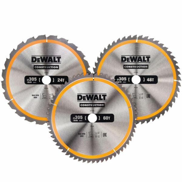 DeWalt 3 Piece 305mm Construction Circular Saw Blade Set 305mm Assorted Teeth 30mm