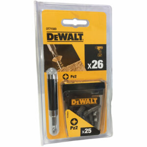 DeWalt 25 Piece Pozi 2 Screwdriver Bits and Holder PZ2 25mm Pack of 25