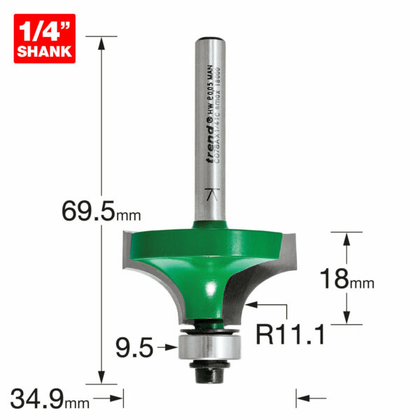 Trend CraftPro Bearing Guided Round Over and Ovolo Router Cutter 34.9mm 18MM 1/4"