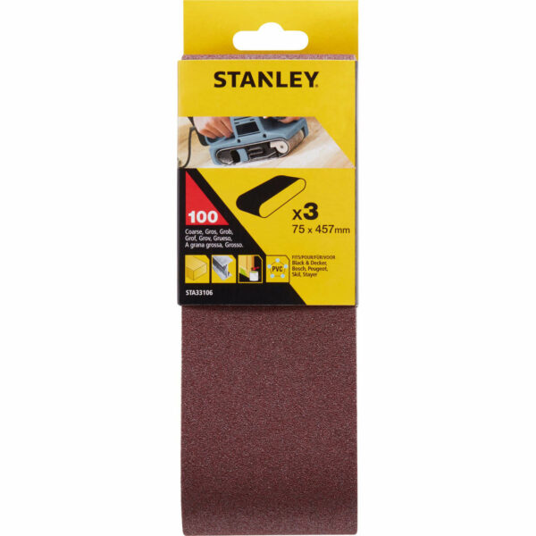 Stanley 75mm x 457mm Sanding Belts 75mm x 457mm 100g Pack of 3