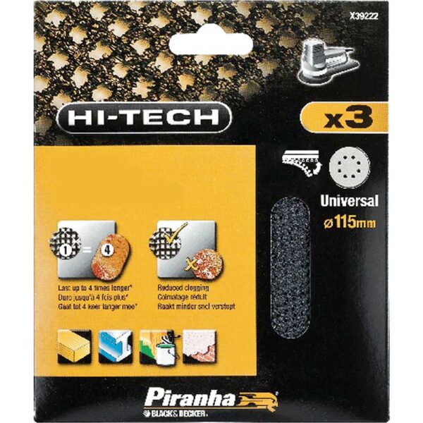 Black and Decker Piranha Hi Tech Quick Fit Mesh ROS Sanding Sheets 115mm 115mm 240g Pack of 3