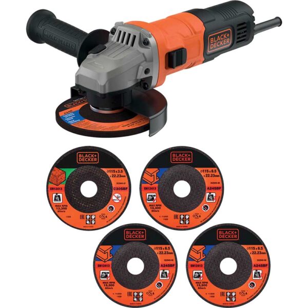 Black and Decker BEG010A5 Angle Grinder + 5 Discs 115mm 240v