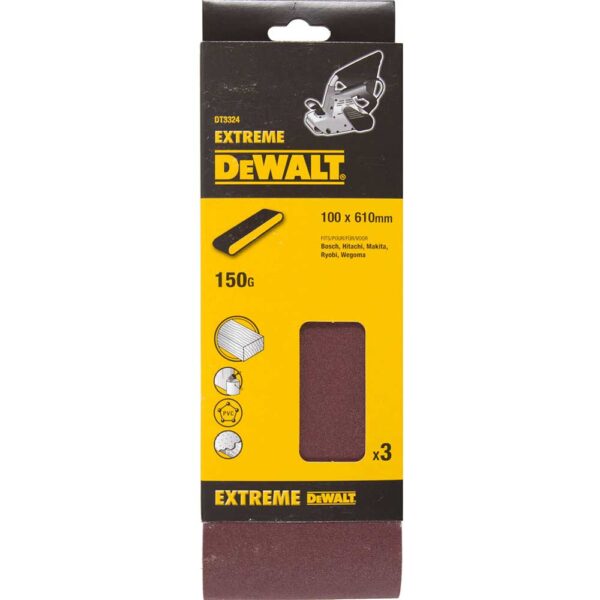 DeWalt 100 x 610mm Multi Purpose Sanding Belts 100mm x 610mm 150g Pack of 3 DeWalt 100 x 610mm Multi Purpose Sanding Belts 100mm x 610mm 150g Pack of 3