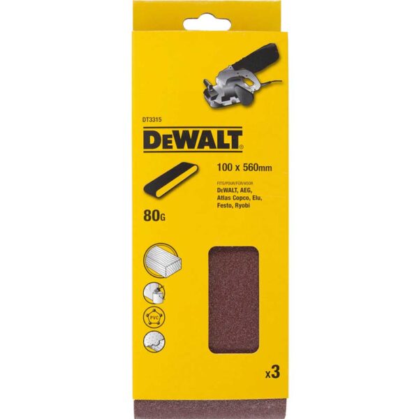 DeWalt 100 x 560mm Sanding Belts 100mm x 560mm 80g Pack of 3 DeWalt 100 x 560mm Sanding Belts 100mm x 560mm 80g Pack of 3