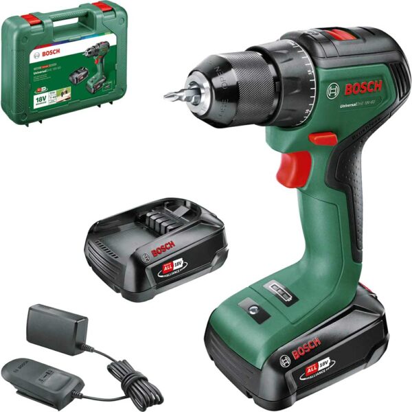 Bosch UNIVERSALDRILL 18V-60 P4A 18v Cordless Drill Driver 2 x 2ah Li-ion Battery Charger Case Bosch UNIVERSALDRILL 18V-60 P4A 18v Cordless Drill Driver 2 x 2ah Li-ion Battery Charger Case