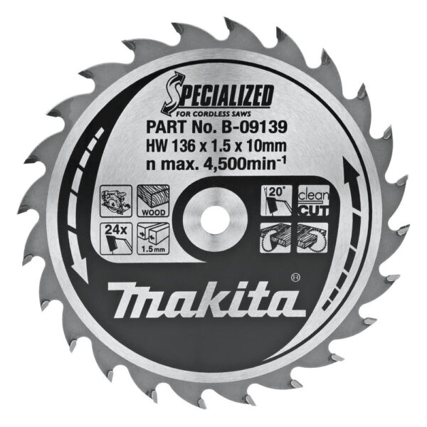 Makita SPECIALIZED Cordless Wood Cutting Saw Blade 136mm 24T 10mm Makita SPECIALIZED Cordless Wood Cutting Saw Blade 136mm 24T 10mm