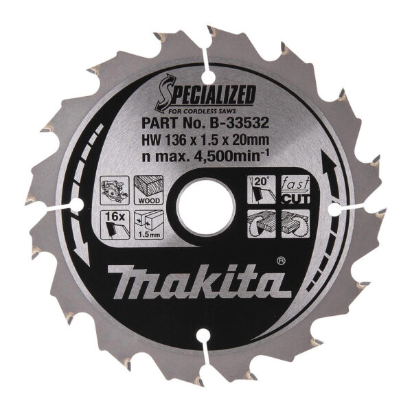 Makita SPECIALIZED Cordless Circular Saw Blade for Wood Cutting 136mm 16T 20mm Makita SPECIALIZED Cordless Circular Saw Blade for Wood Cutting 136mm 16T 20mm