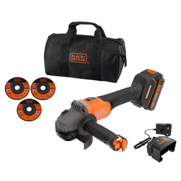 Black+Decker BCG6L8D13 18V POWERCONNECT Cordless Brushless Angle Grinder (with 1x 2.0Ah Battery 1A Charger 3x Cutting Discs and Soft Bag)